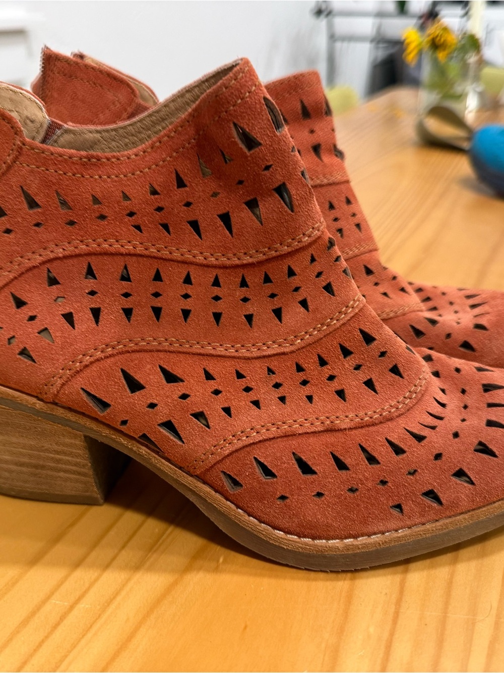 Sofft Rust Orange Suede Laser-Cut Ankle Booties